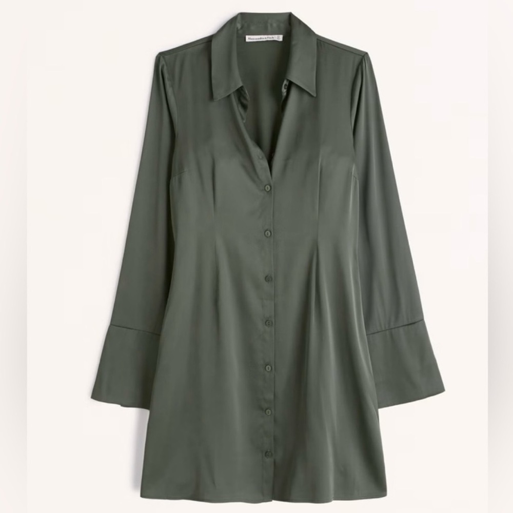 Abercrombie & Fitch Long-Sleeve Satin Shirt Dress in Olive
